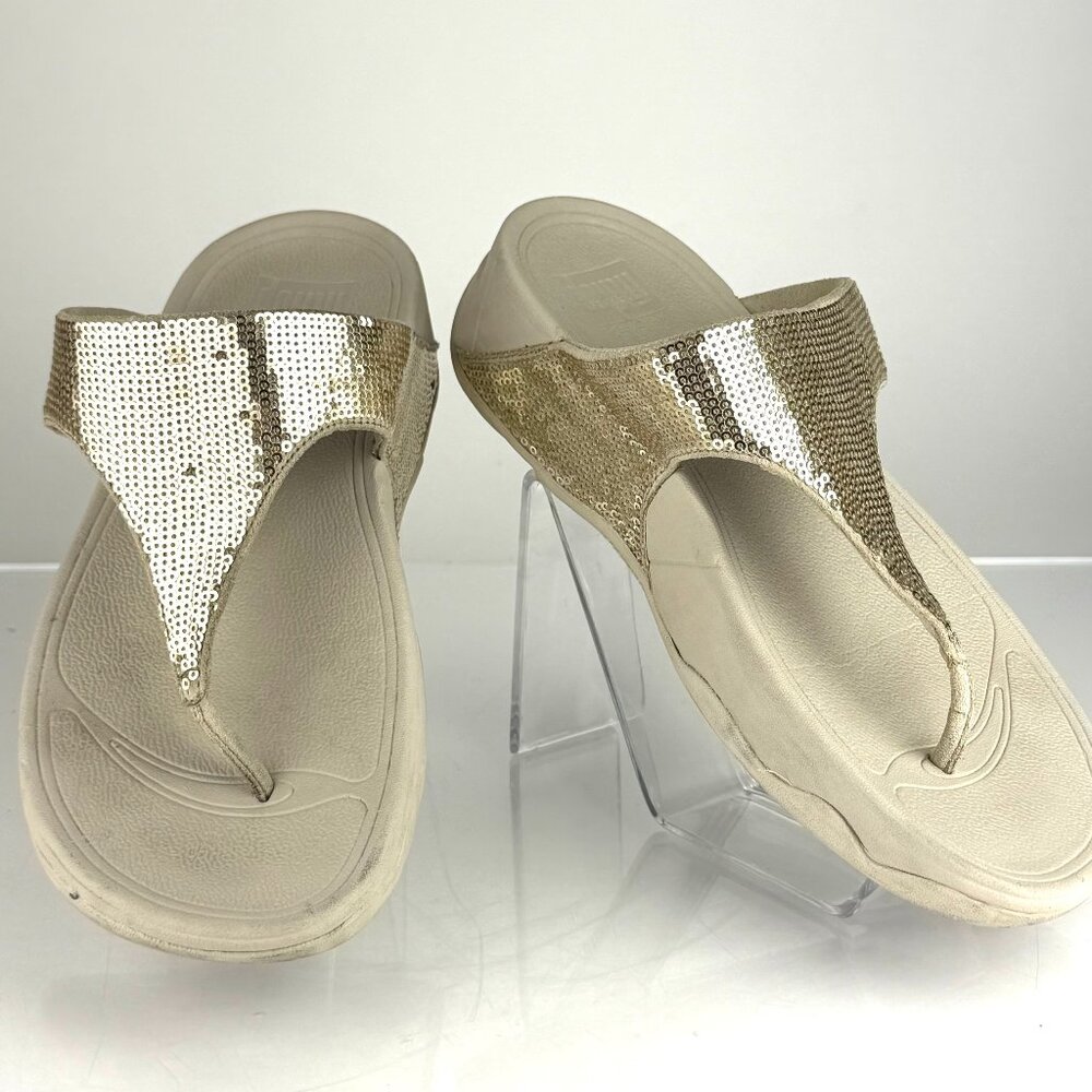 FitFlop Lulu Sequin Thong Sandals Gold Beige Size 7 Women’s  Cushioned Wedge